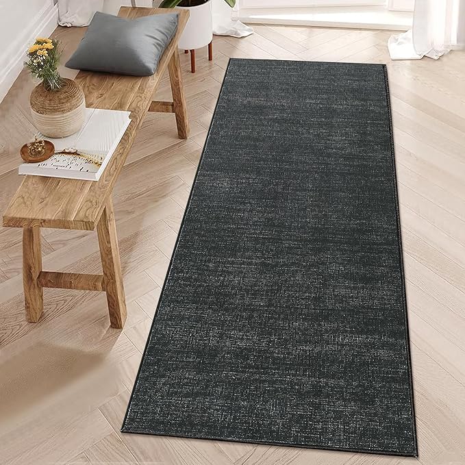 Washable Runner Rug 2x6 Modern Solid Color Kitchen Runner Mat Minimalist Plain Long Runner Rug for Entryway Bedroom Bedside Non Slip Low Pile Boho Accent Solid Runner Rugs for Nursery, Black 2'x6'