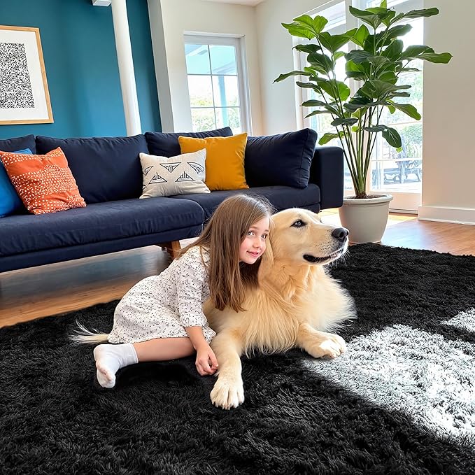 PureCozy 5x8 Area Rug for Living Room, Modern Black Super Shag Shaggy Soft Washable Indoor Fuzzy Carpet Non-Slip Fluffy Rugs for Bedroom Home Aesthetic Decor