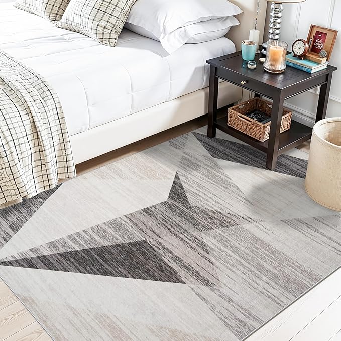 4x5 Washable Entryway Office Rug: Mid Century Modern Area Rugs Geometric Non Slip Soft Low Pile Indoor Carpet for Living Room Bedroom Kitchen Bathroom Entrance (Grey Cream Beige, 4X5)