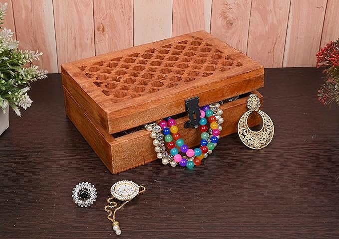 Samhita Mango Wood Decorative Wooden Box with Hinged Lid in Jali Carvings Used as Storage Box Christmas Gifts Items (9" x 6" x 3')