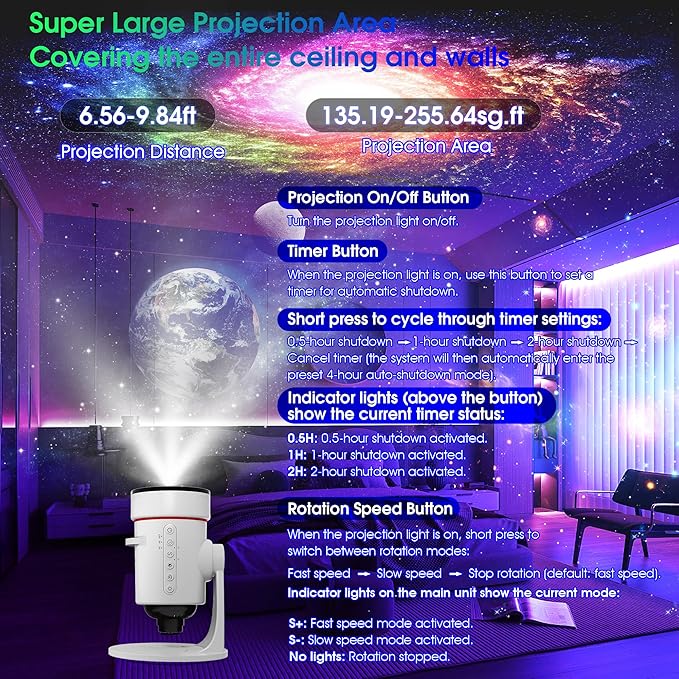 Galaxy Projector，Upgraded 4K HD Star Projector Lens, 10 Slides Image Planetarium BedRoom Lights，Ceiling Lights 360° Rotation 1/2/4Timer off &8 LED Color Night Light，for Bedroom, for Adults Kids