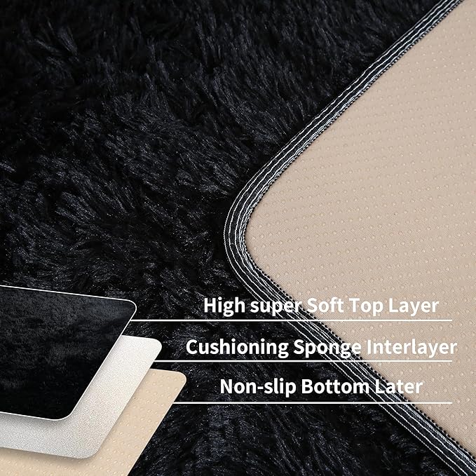 KICHOWUA 4x6 Black Fluffy Shag Rug for Bedroom, Ultra Soft Plush Fuzzy Washable Cozy Carpet for Living Room, Modern Non Slip Floor Comfy Furry Shaggy Area Rug for Kids Baby Boys Girls Nursery Dorm