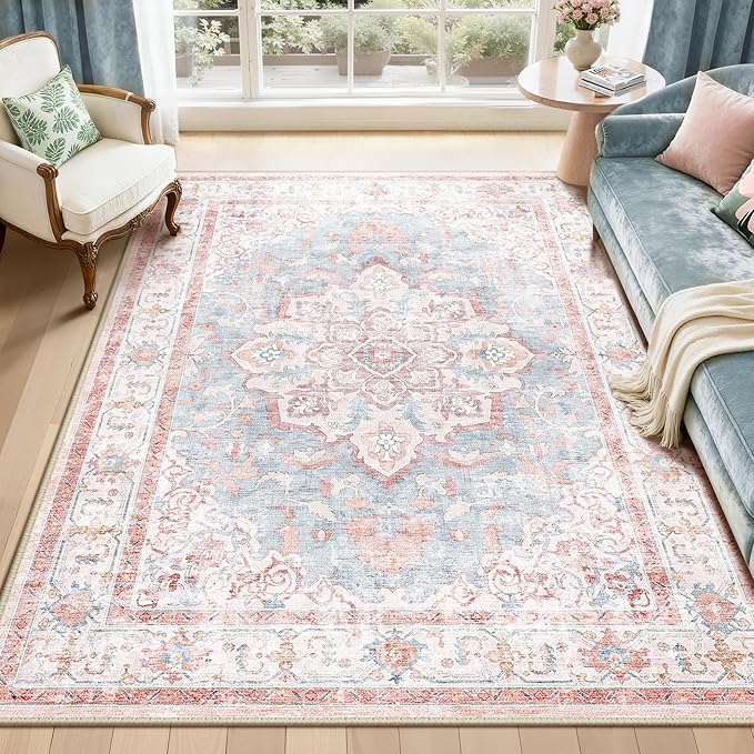 CAPALOCA Machine Washable Rugs Nursery Rug 5x7 Cute Girl Non Slip Low Pile Water Repellent Soft Print Pattern for Bedroom Indoor Decor Kids Playroom Pink Blue