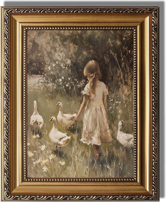 KBKBART Vintage Framed Wall Art for Living Room - Farmhouse Decor Goose Girl Easter Canvas Oil Painting Prints for Wall Decor, Classical Cottagecore Wall Decor, Moody Antique Nature Art Print for Bedroom Bathroom Wall Pictures Artwork, 9"x 12"