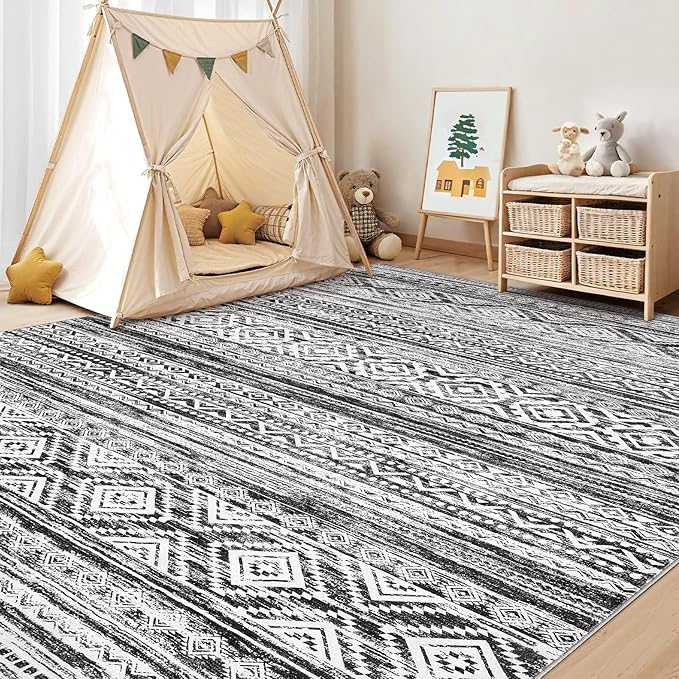 cotiled 10x14 Area Rug Living Room: Washable Boho Rugs with Non Slip Backing Large Soft Indoor Stain Resistant Carpet for Bedroom Farmhouse Dining Room Lightweight Home Decor White/Black