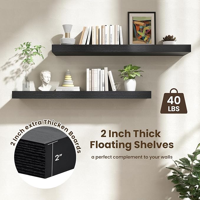 FLYJOE 48 Inch Floating Shelves | 12 Inch Deep Black Floating Shelves Set of 2 | 48" W x 12" D Black Wood Wall Shelves for Bathroom Living Room Kitchen Laundry Room