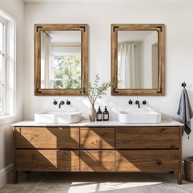 Wooden Bathroom Mirror for Wall, 32"x24" Solid Wood Frame Vanity Mirror, for Farmhouse, Bedroom, Living Room, Entryway Decor, Hangs Vertically or Horizontally
