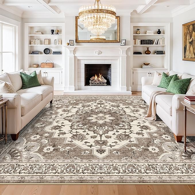 TOPRUUG Washable Oriental Area Rug - Beige 11x11 Area Rugs for Living Room Bedroom Dining Room Under Kitchen Table - Non-Slip & Stain Resistance Rug for High Traffic Area (Beige, 11x11)