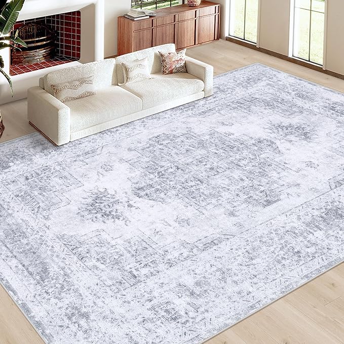 XLUEZ Area Rug 9x12 Living Room Rug, Machine Washable Vintage Distressed Medallion Rug Non-Slip Soft Low Pile Large Indoor Rugs for Bedroom Kitchen Dining Room Office(LightGrey,9'x12')