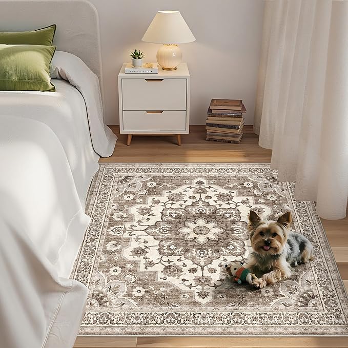 TOPRUUG 4x4 Washable Entry Rug - Area Rugs for Kitchen Bedroom Bedside Bathroom Entryway Non Slip with Rubber Backing Low Pile Ultra Soft Stain Resistant Small Carpet (Beige, 4x4)