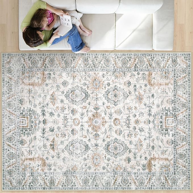 XLUEZ Area Rug 8x10 Living Room Rug, Machine Washable Vintage Distressed Boho Area Rug Non-Slip Soft Low Pile Large Indoor Rugs for Bedroom Kitchen Dining Room Office(Brown Green,8'x10')