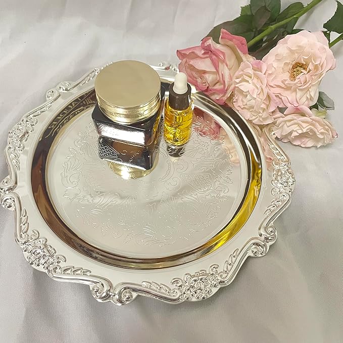 Round Tray Decorative Perfume and Makeup Organizer, Vintage Sliver Trays 7.87”, Stainless Steel Metal Tray for Dresser, Bathroom or Jewelry Display Home Decor