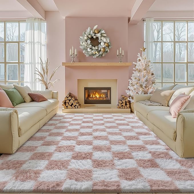 PureCozy Checkered Rug 6x9 for Living Room, Pink and White Modern Shag Rugs Super Soft Washable Indoor Office Fuzzy Carpet Non-Slip Fluffy Rugs for Bedroom Home Aesthetic Decor