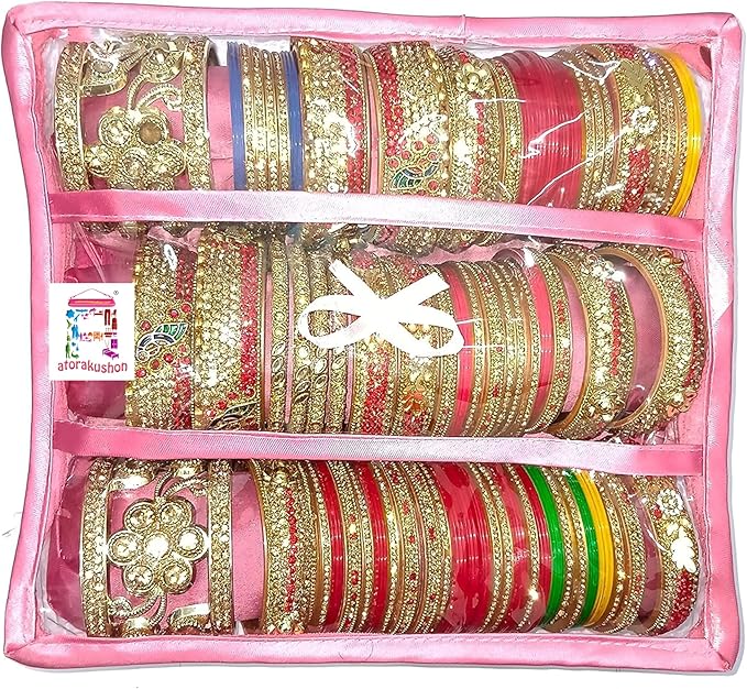 atorakushon Satin 3 Rods Jewellery Bangle Storage Box Chudi Set Organizer Zipper Makeup Pouch Travelling Bag for Women (Pink | Pack of 1)