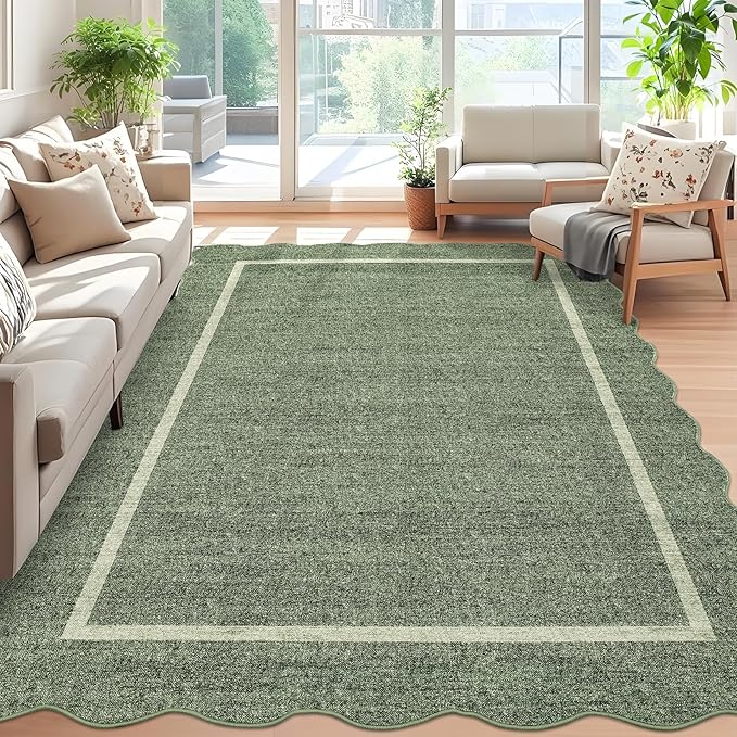GarveeHome Scalloped Washable Area Rug 6x9 Rug for Living Room Modern Rug Non Slip Throw Rugs Large Rugs for Bedroom Low Pile Non Shedding Stain Resistant Carpet for Dining Room 6'x9' Greyish Green
