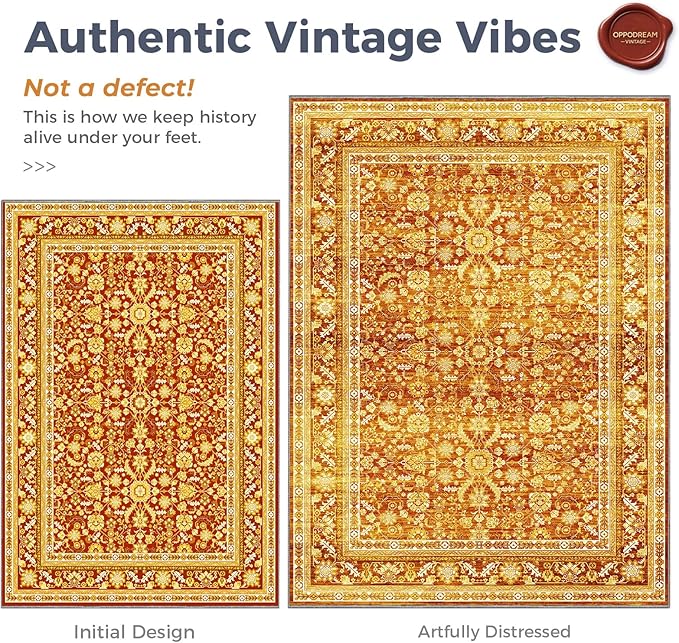 OPPODREAM Vintage Orange Round Rug 5ft, 5 ft Retro Washable Circle Rug Non Slip, Low-Pile Faux Wool Circular Carpet, Distressed Floor Mat for Living Room, Bedroom, Office, Dorm, Dinning Room