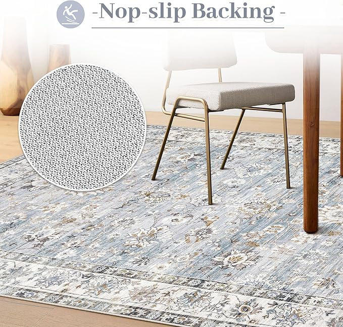 XLUEZ Area Rug 5x7 Living Room Rug, Machine Washable Vintage Distressed Boho Area Rug Non-Slip Soft Low Pile Large Indoor Rugs for Bedroom Kitchen Dining Room Office(Light Blue,5'x7')