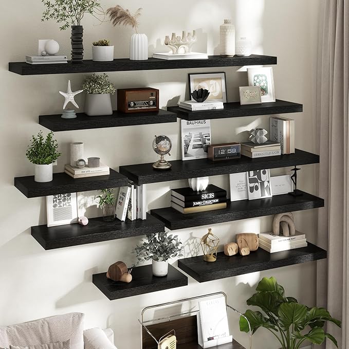Fun Memories 32 Inch Black Floating Shelves for Wall, 12 Inch Deep Shelves for Bathroom|Kitchen|Bedroom, Wall Mounted Rustic Wood Floating Shelf with Invisible Brackets for Books|Storage|Decor, 2 Pack