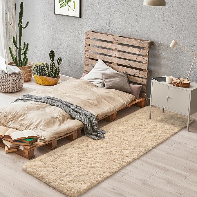 BENRON Soft Runner Rugs for Bedroom 2x8, Washable Long Runners for Hallway Entryway Kitchen Dorm, Fluffy Throw Rug for Kids Girls Room Decor Photo Prop, Light Tan