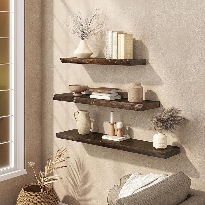 Floating Shelves Set of 2, Solid Elm Wood Wall Shelves 24 Inch - Invisible Bracket Mount for Living Room, Bedroom, Kitchen, Bathroom - Brown