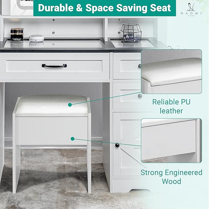 Naomi Home 47" Farmhouse Makeup Vanity with Sliding Mirror, Glass Top Organizer, 3-Color LED Lights, Charging Station, 5 Drawers, 2 Cabinets & Stool – White Dressing Table