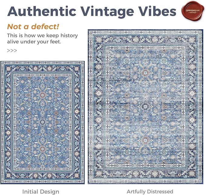 OPPODREAM Vintage Blue Area Rugs 9x12, 9 x 12 Retro Washable Rug Non Slip, Low-Pile Faux Wool Carpet, Distressed Navy Floor Mat for Living Room, Bedroom, Office, Dorm, Dinning Room, Big & Large