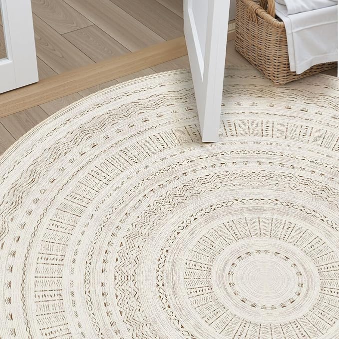 cotiled 5x5 Round Area Rug Living Room: Washable Boho Rugs with Non Slip Backing Large Soft Indoor Stain Resistant Carpet for Bedroom Farmhouse Dining Room Lightweight Home Decor Brown/Cream