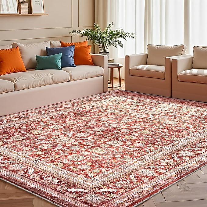 OPPODREAM Vintage Red Area Rugs 9x12, 9 x 12 Retro Washable Rug Non Slip, Low-Pile Faux Wool Carpet, Distressed Floor Mat for Living Room, Bedroom, Office, Dorm, Dinning Room, Big & Large