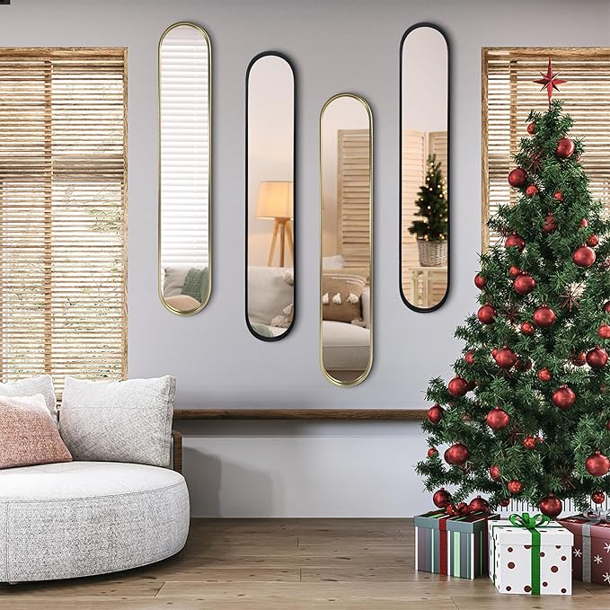 OUSHUAI Black Full Length Oval Mirror, 2-Pack Narrow Capsule Long Mirrors with Metal Frame for Dressing, Hallway, Living Room, Entryway Wall Decor
