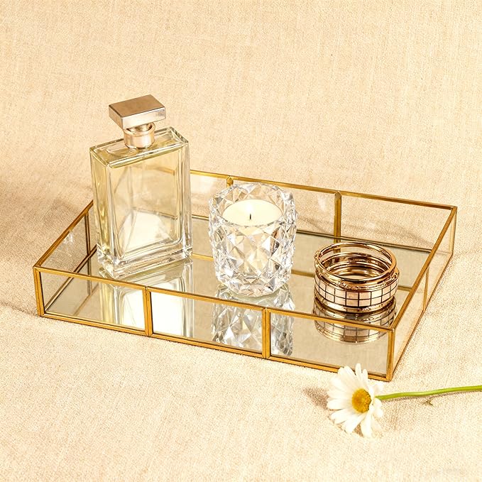 Gold Mirror Tray - Metal Decorative Perfume Organizer - Makeup Vanity Tray for Dresser，Jewelry,Bathroom, Bedroom