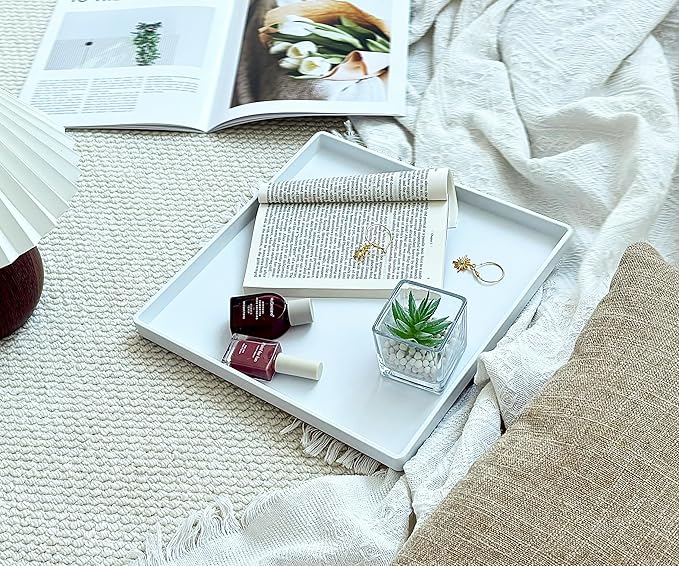 Square Tray for Organization, 11 Inch Plastic Serving Tray, Multi-Purpose Decorative Tray for Bathroom Countertop, Dresser, Ottoman & Coffee Table, Vanity Tray for Jewelry & Makeup, White