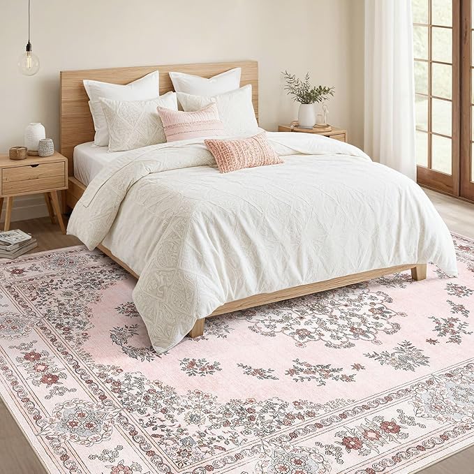 Nakagishi 10x14 Area Rugs Living Room: Washable Boho Large Neutral Modern Soft Farmhouse Rug Stain Resistant Indoor Non-Slip Carpet for Bedroom Girls Nursery Kids Playroom Dorm Preppy Baby Room- Pink