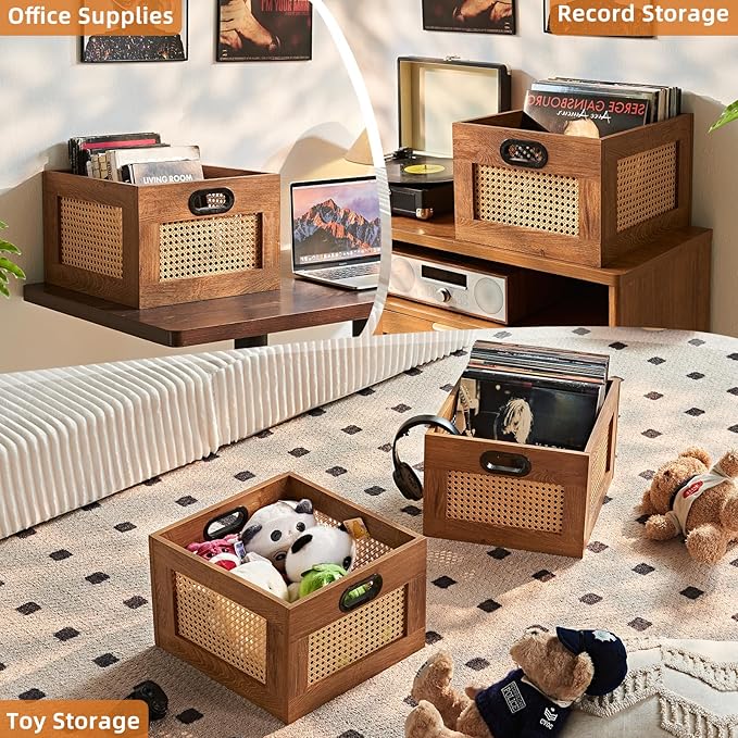 LELELINKY 2 Pack Vinyl Record Storage Crates, Rattan Vinyl Record Holder with Handle, TeaC Record Crate for Vinyls Holder up to 75 LP's, Desktop Cube Album Storage for Vinyls Records