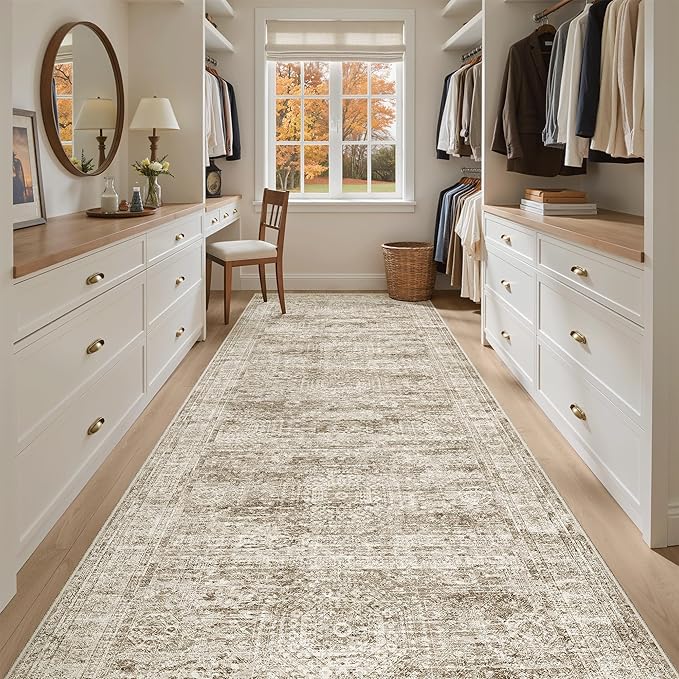 Soalmost 4x12 Wide Hallway Runners: Washable 12ft Runner Rug for Entryway Living Room Soft Vintage Non Slip Carpet Runner for Kitchen Dining Room Nursery Bedroom (Brown, 4x12ft)