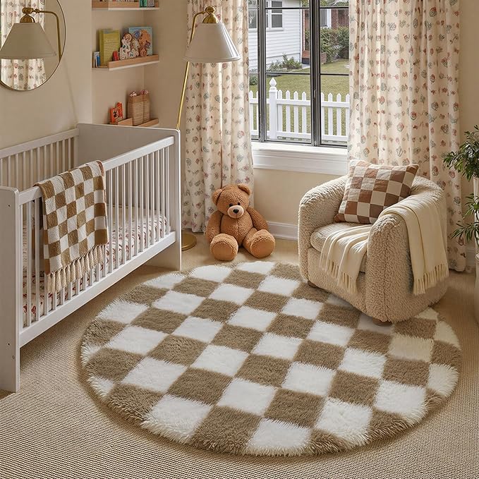 PureCozy Checkered Round Rugs 6ft for Living Room, Brown and White Modern Shag Rugs Super Soft Washable Fluffy Indoor Office Carpet for Bedroom Home Dorm Aesthetic Decor