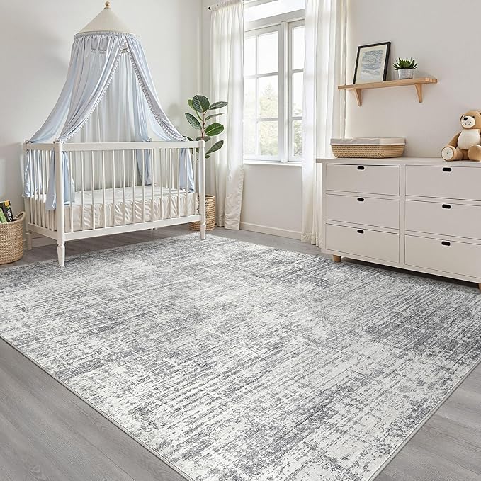 4x6 Rug Washable Area Rugs: Neutral Abstract Soft Modern Stain Resistant Small Indoor Floor Non-Slip Low Pile Throw Carpet for Entryway Kitchen Bedroom Nursery Kids Office Playroom Home House- Grey