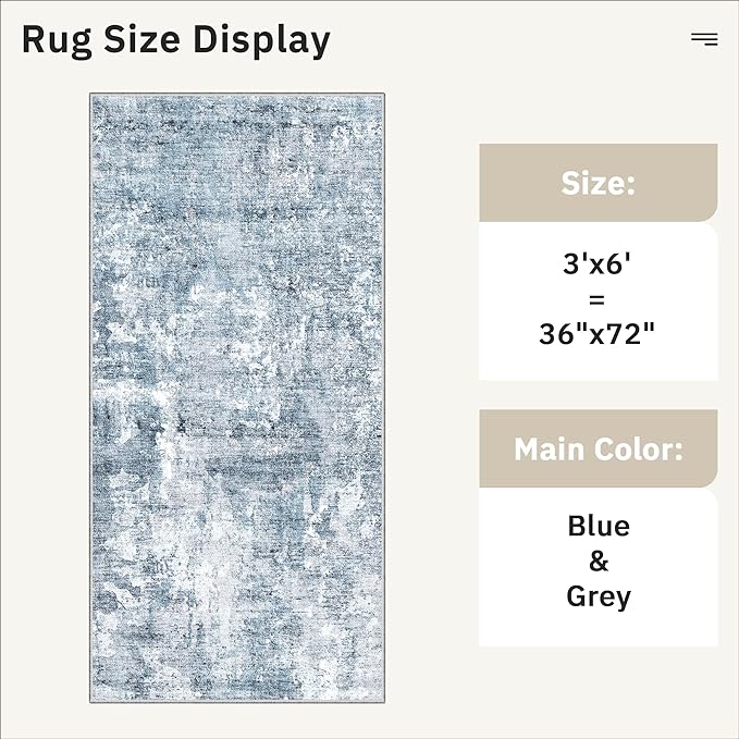 Soalmost Runner Rug 3x6 Washable Non-Slip Kitchen Runner Rugs for Bathroom Laundry Room Blue/Grey Vintage Floor Carpet Runners for Hallway Entryway