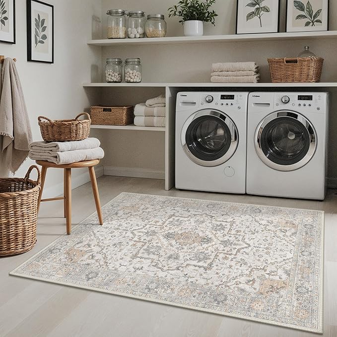 GENIMO 3x5 Area Rugs for Living Room, Machine Washable Non Slip Vintage Rugs, Low Pile Lightweight Soft Boho Rug for Bedroom, Dining Room, Home Office