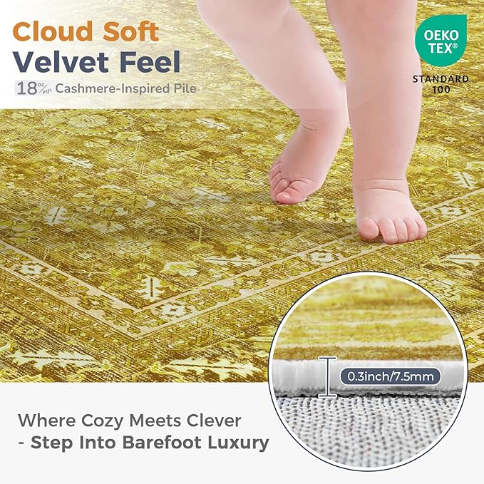 OPPODREAM Vintage Yellow Area Rugs 9x12, 9 x 12 Retro Washable Rug Non Slip, Low-Pile Faux Wool Carpet, Distressed Floor Mat for Living Room, Bedroom, Office, Dorm, Dinning Room, Big & Large
