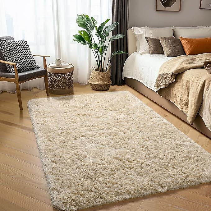 Amdrebio Beige Area Rugs for Bedroom Kids Room, Fluffy Plush Shaggy Furry Fuzzy Rug 4x6 for Living Room Decor Aesthetic, Soft Cute Shag Neutral Tan Carpet for Teens Baby Nursery Playroom Preppy Dorm