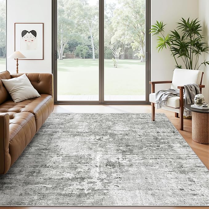 Soalmost Abstract Rug 5x7 Machine Washable Area Indoor Grey White Low Pile Non-Slip Foldable Thin Accent Rugs for Bedroom Living Room Dining Room