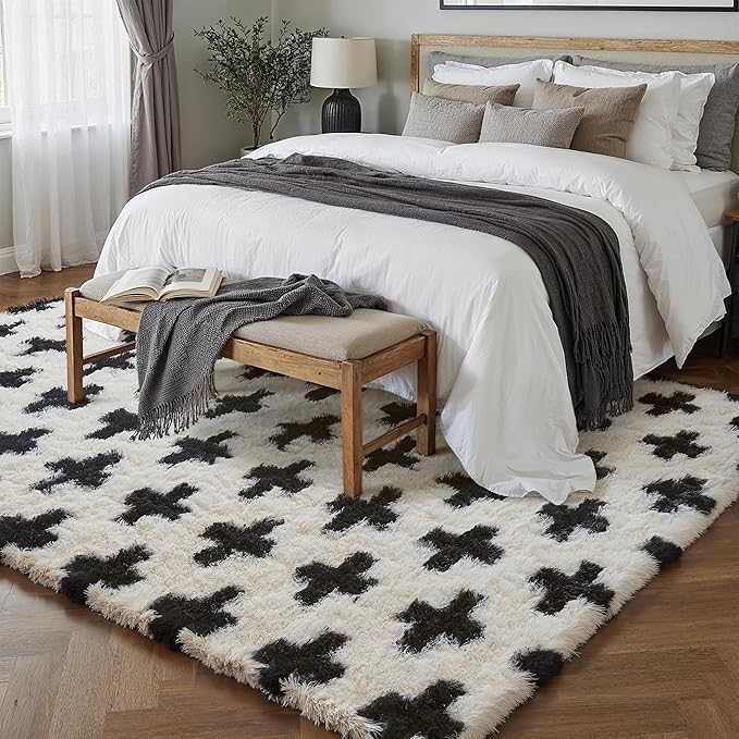 PureCozy Black and White Rug 5x8 for Living Room, Super Soft Modern Shag Rug Washable Fluffy Rugs Indoor Fuzzy Carpet Non-Slip Fluffy Rugs for Bedroom Home Aesthetic Decor