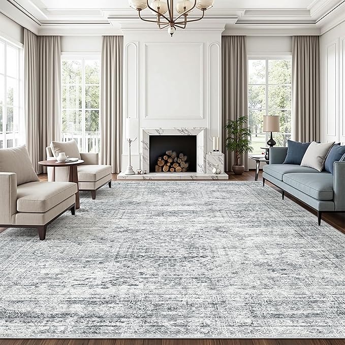 Soalmost 12x15 Washable Area Rug Gray Neutral Abstract Living Room Large Carpet Non Slip Bedroom Indoor Office Dining Room Low Pile Thin Grey Rug