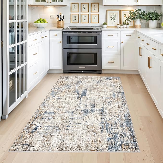 4x6 Washable Entryway Rug – Non-Slip Low-Pile Small Area Rug for Kitchen Bedroom Living Room Office – Modern Abstract Neutral Throw Carpet with Rubber Backing(Blue Brown)