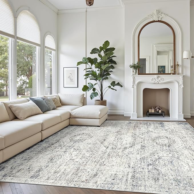 Soalmost 9x12 Area Rugs for Living Room, Non Slip Machine Washable Vintage Rugs, Low Pile Lightweight Large Rug for Bedroom, Dining Room, Home Office Blue/Ivory