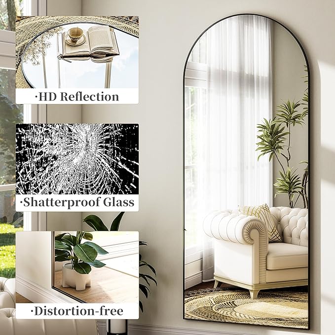 Arched Full Length Mirror 57"x19" Floor Standing Body Mirror with Aluminum Frame,Leaning Hanging for Bedroom Cloakroom Living Room Black