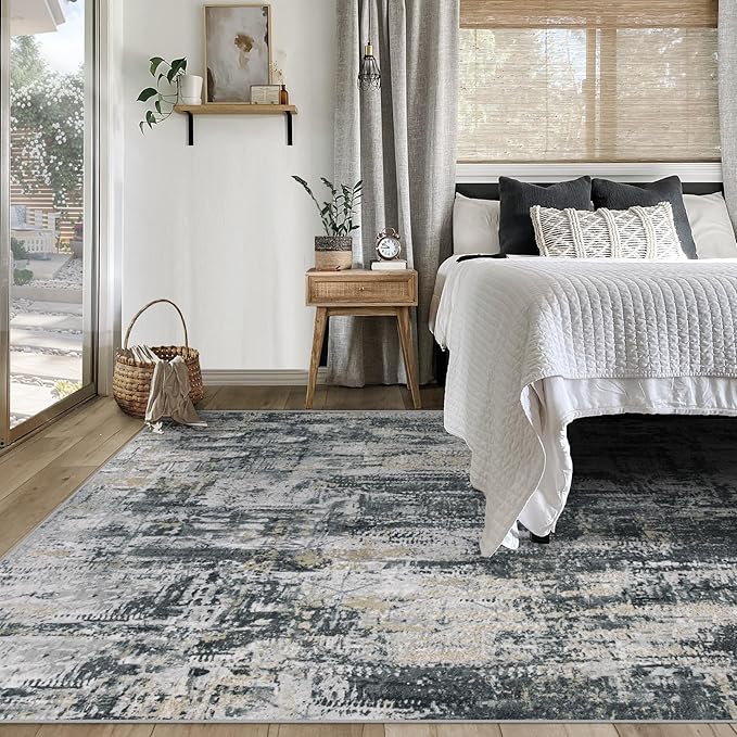XLUEZ 5x7 Area Rugs for Living Room, Washable Modern Abstract Large Area Rug Neutral Soft Non Slip Kids Rug Stain Resistant Indoor Carpet for Bedroom Nursery Dining Room Playroom(BlackGreyGold,5'x7')