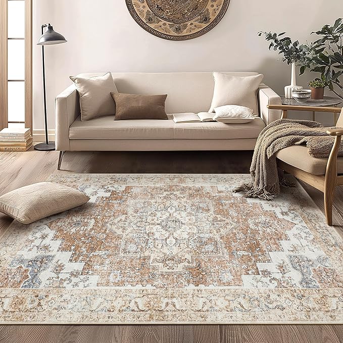 GENIMO 6x9 Area Rugs for Living Room, Machine Washable Non Slip Rugs, Low Pile Lightweight Vintage Print Rug for Bedroom, Dining Room, Home Office, Warm Orange