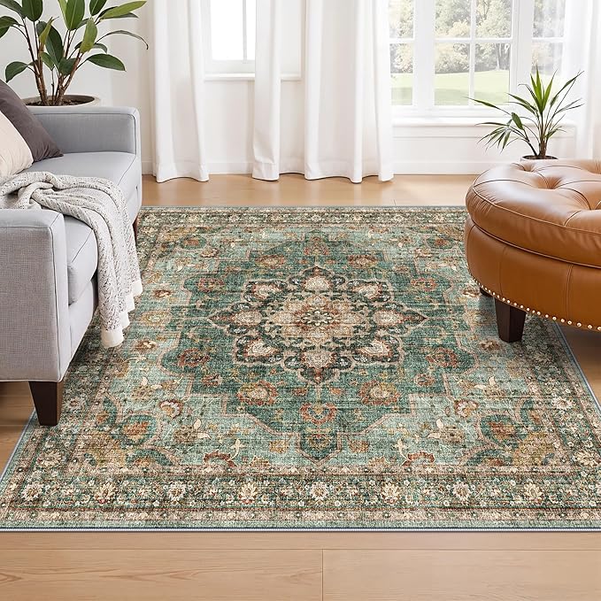 TOPRUUG Washable 5x5 Rug Square - Ultra Soft Living Room Area Rug Under Sofa Non-Slip Rugs for Bedroom Dining Room - Stain Resistant Farmhouse Decor for Family with Pets & Kids (Green, 5x5)