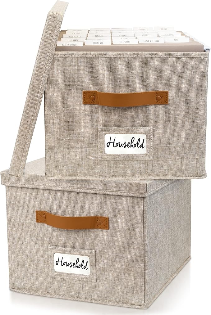 ZICOTO Decorative File Organizer Box Set of 2 - Collapsible Linen Filing Cabinets w/Handles Are Perfect to Store all Your Documents & Hanging File Folders - Portable Easy Slide Crates with Lid